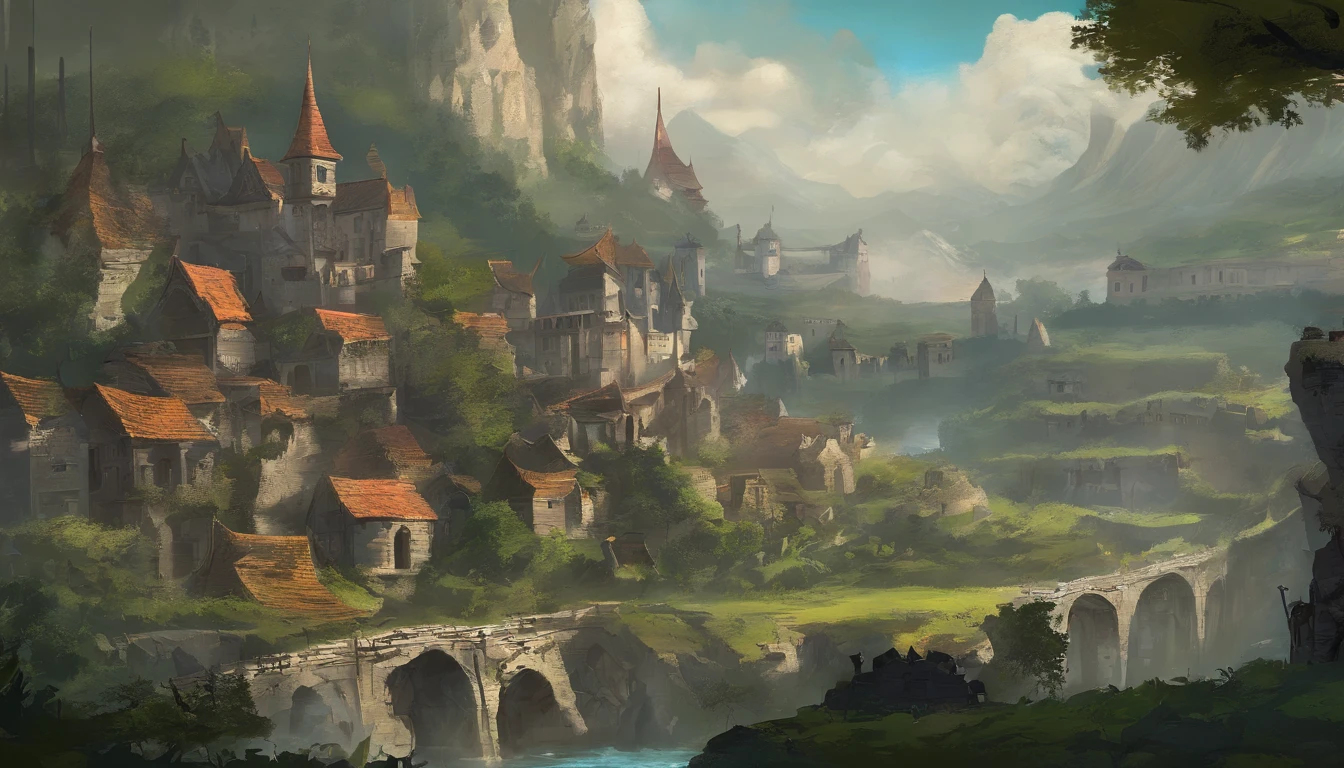 Generate a magnificent and expansive digital panorama that unveils the entirety of a lost kingdom. At the heart of this kingdom stands a grand castle, constructed from weathered stones and perched atop a rocky hill. The castle should be the central focal point of the scene, radiating both strength and history. Surrounding the castle, create a cluster of small, humble houses, forming a village that once thrived in the kingdom. These houses should exhibit the wear and tear of time, with overgrown gardens and broken windows, but they still bear traces of past life. The kingdom's landscape should be lush and overgrown, with nature reclaiming the land. The kingdom should be nestled among rolling hills and dense forests, with a tranquil river winding through the scene. Above, the sky should be filled with dramatic clouds that hint at the passage of time and the kingdom's faded glory. The lighting should be both evocative and moody, casting shadows that enhance the beauty of the kingdom's architecture. The overall composition should capture the grandeur of the castle and the charm of the village within the kingdom, inviting viewers to contemplate the mysteries and stories hidden within this lost realm
