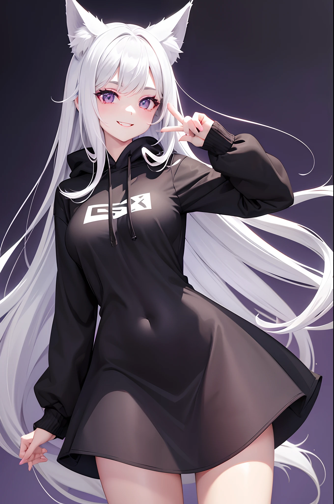 1 girl, black hoodie & white skirt,  long silver hair, purple colour eyes, smiling, excited, beautiful, pale skin, perfect body figure, normal breast 1:3, cute, fox ears