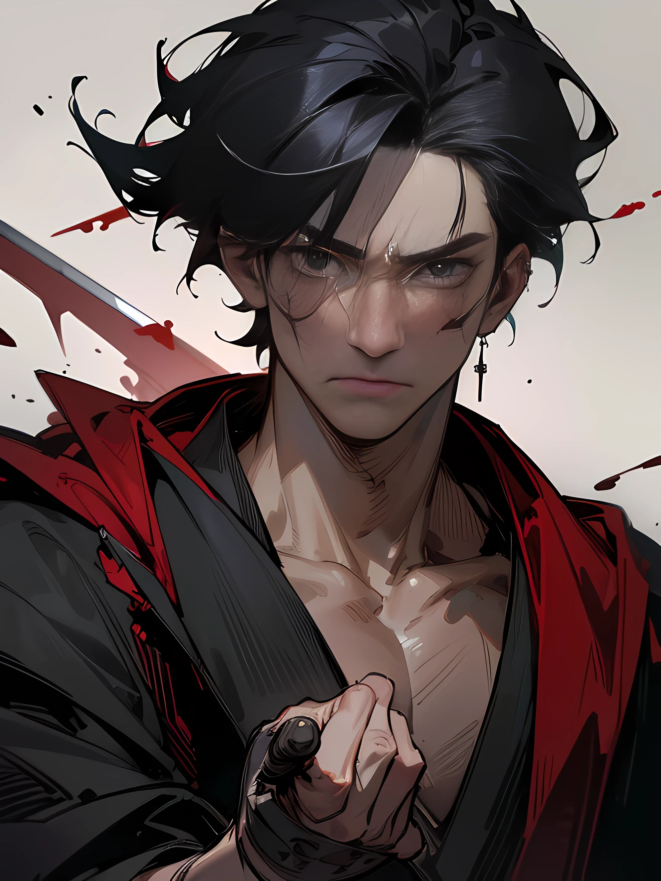 (best quality,4k,8k,highres,masterpiece:1.2), realistic, portrait, strong lighting, dark and mysterious atmosphere, Takeshi, tall and muscular build, black hair, piercing eyes, scar on cheek, determined expression, holding a blood-stained sword
