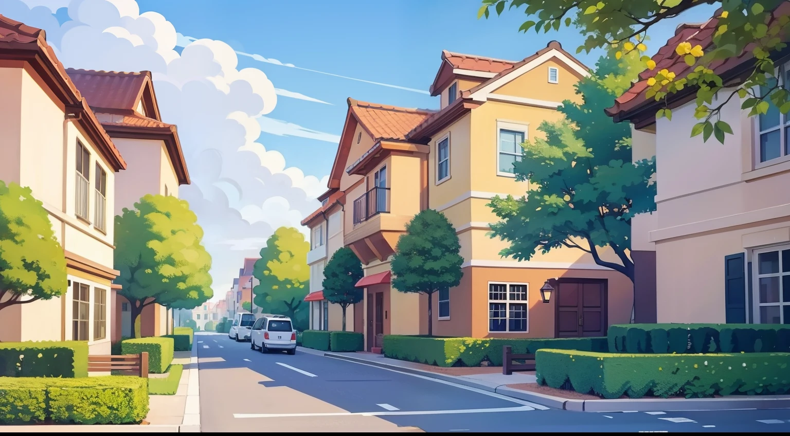 Landscape painting of a beautiful residential area、Natural Color、hightquality、masutepiece、apartament、street lamp