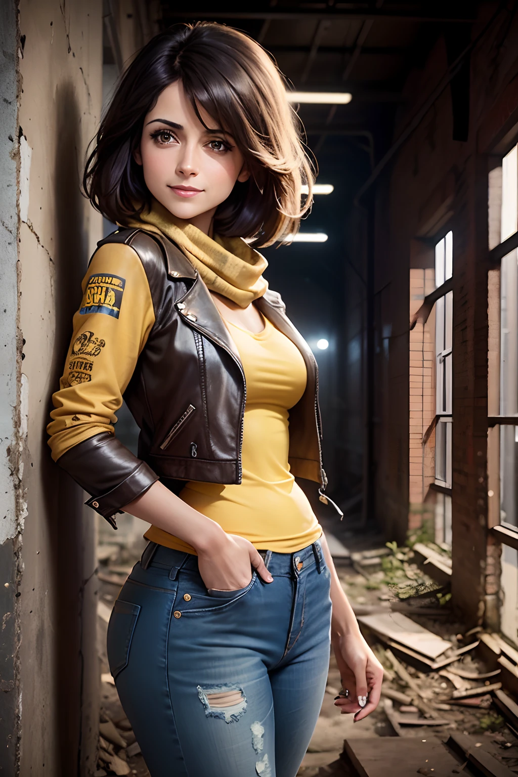 Lucy Verasamy, viewed from side, smiling, hands in pockets, worn jeans, shapely legs, short brown leather jacket, yellow t-shirt, patterned scarf, posing in gloomy abandoned factory, deserted, night, dark, faded graffiti, ivy growing up walls, rubble, light from window high up, dust motes floating