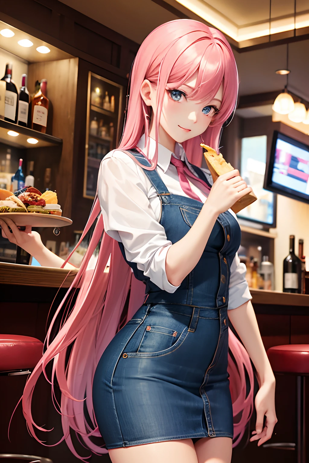 Snack Woman、Woman working in bar、well-styled、ren、Beautiful fece、sexy dress、、Skin Jean Miniskirt, Long pink hair, Looking at the viewer, Front view,