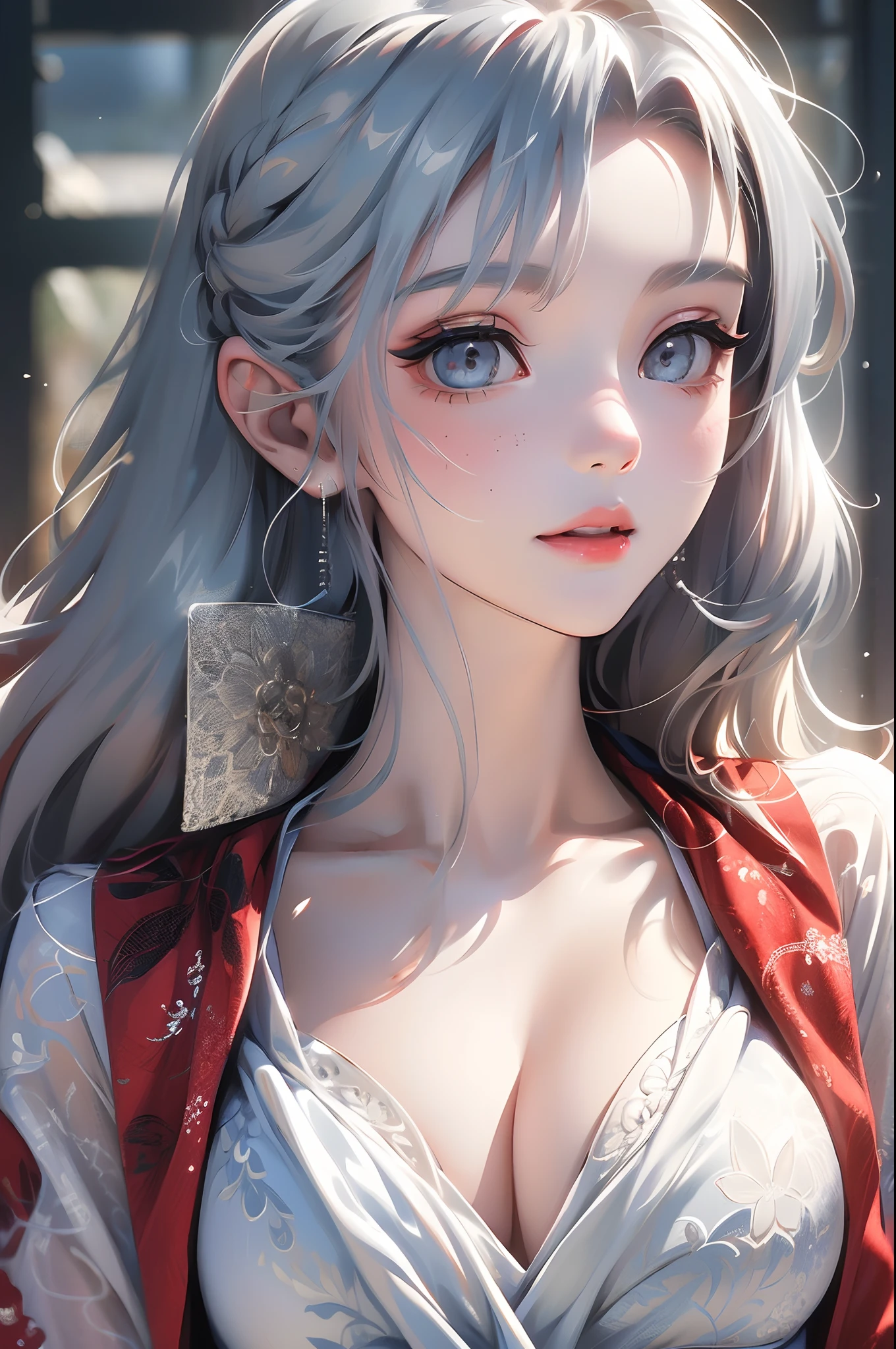 (Best Quality, 8k, 32k, Masterpiece, UHD:1.3), (Photo of Attractive Japanese Woman), ((1 Girl)), ((medium breast:1.3)), Abs, Perfect Body, Ultra Detailed Face, Detailed Lips, Fine Eyes, double eyelids, beautiful girl, jaw-dropping beauty, ((silver long hair:1.2)), ((intricate red dress:1.1)), beautiful modest dress, ((close up to upper body)), smiling beautifully, sunlight illuminated her beautiful face,