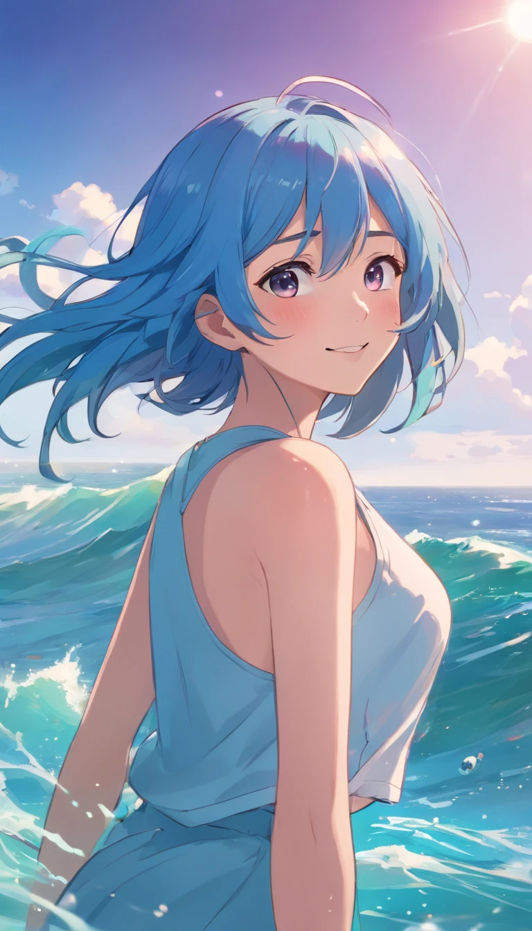 Blue hair color、glowing brown eyes、shoulder-length hair、Smaller face、a small nose、big eye、small ears、tiny chest、pale pink cheeks、Girl in her 20s、A smile、sea the background of、Splash、A little grumpy face、