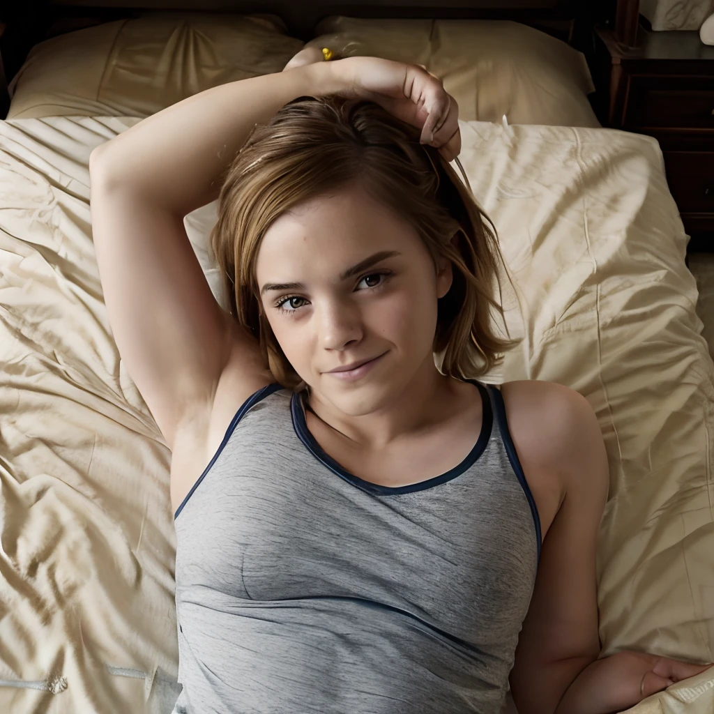 Uma imagem RAW de Emma Watson deitada na cama, looking towards you, under you, usando camisola amarela, Feliz, Estilo POV, Top view, arms around you, (((deitada))), visto de cima adulta, Crescer