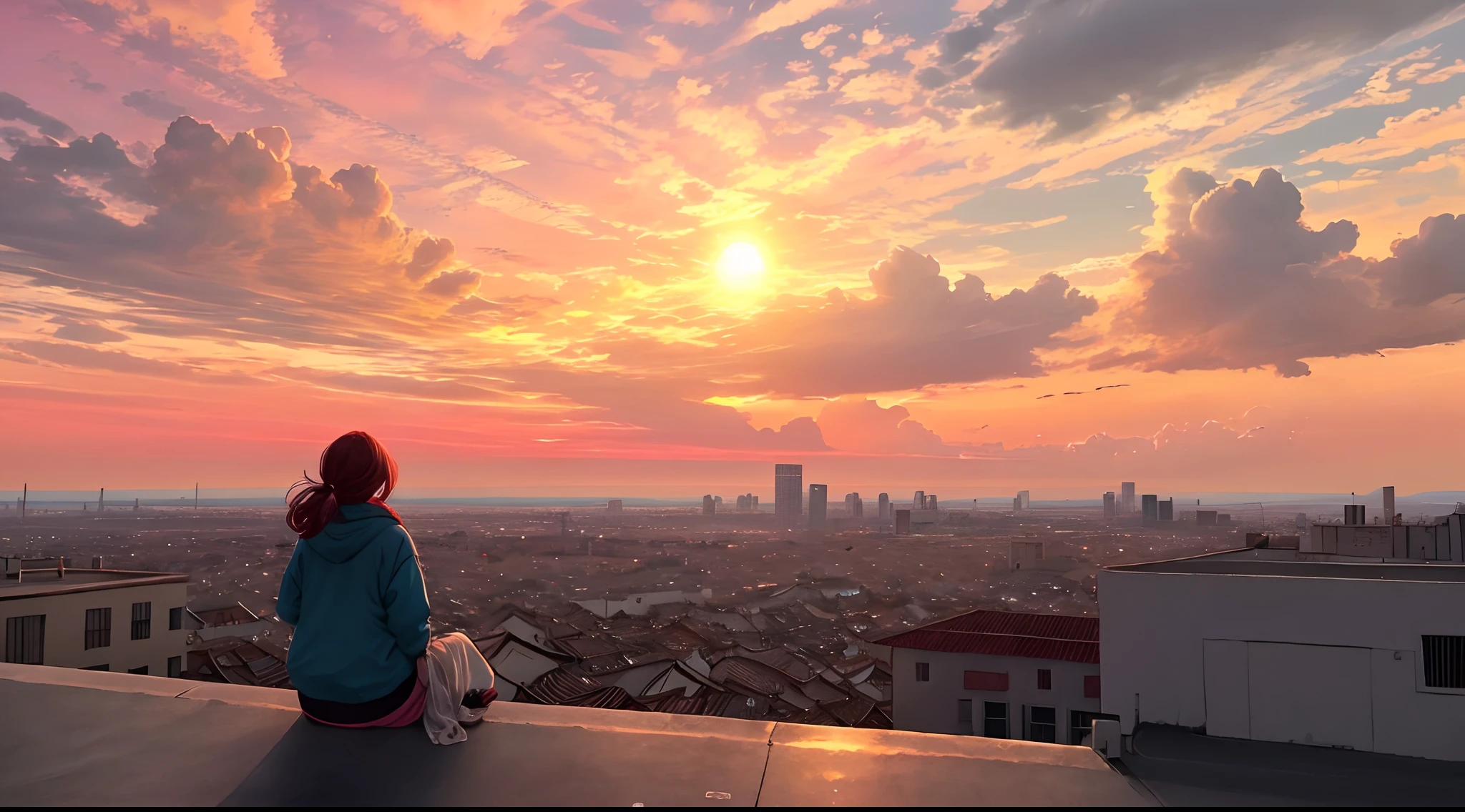 realisitic，A vast city spreads out、The sun is about to set、The sunset is beautiful、Horizon，Red sky、Giant cumulonimbus clouds，Vibrant colors、Girl watching from a building in the distance