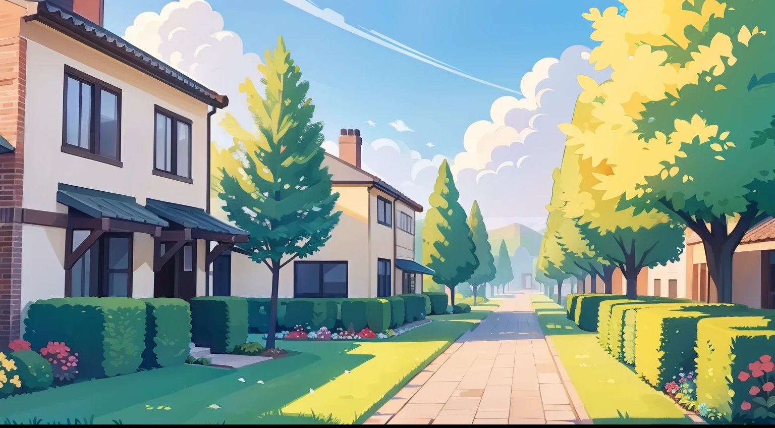 Landscape painting of a beautiful residential area、Natural Color、hightquality、masutepiece、apartament