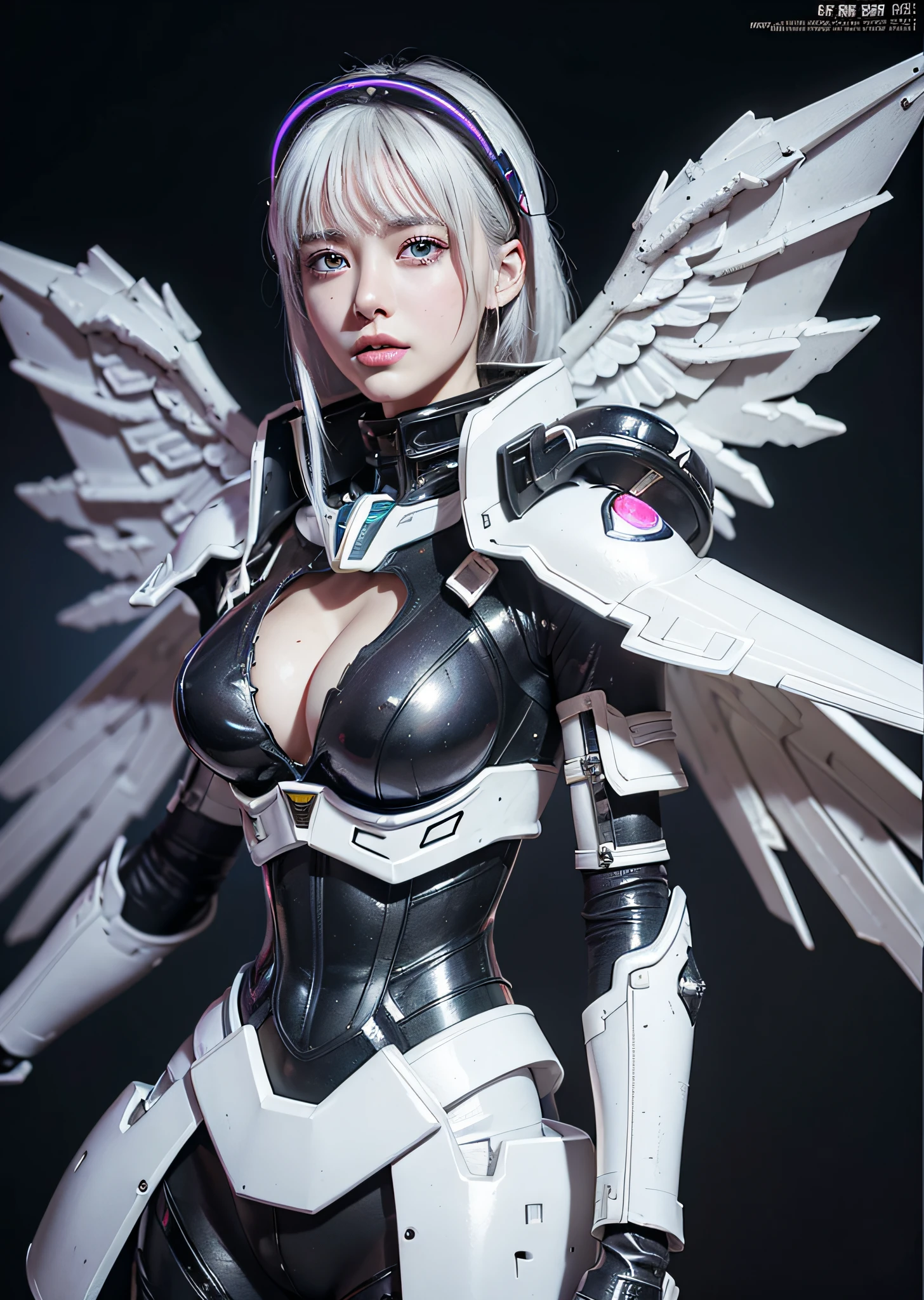 top-quality、masterpiece、超A high resolution、(Photorealsitic:1.4)、Raw photo、Battle Cyborg Angel、large wings made of metal、White porcelain body、Acrylic Clear Cover、white hair、glowy skin、1 Cyborg Girl、((super realistic details))、portlate、globalillumination、Shadow、octan render、8K、ultrasharp、character edge light,Colossal tits、Raw skin is exposed in cleavage、Details of complex ornaments、Double Zeta Gundam Details、Hydraulic cylinder、Small LED lamp、highly intricate detail、Realistic light、a purple eye、radiant eyes、Facing the camera、neon details、cowboy shot、Futuristic headgear、About Cyberpunk、、