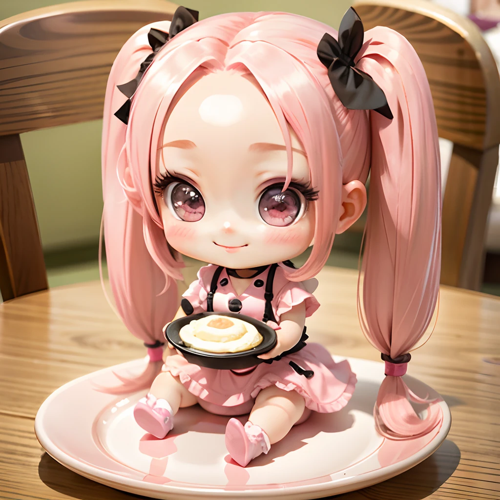 Cute chibi anime sitting on a plate, long pink hair with twin tails、Wear a hot pink mini dress, Smiling, Logo is cheap