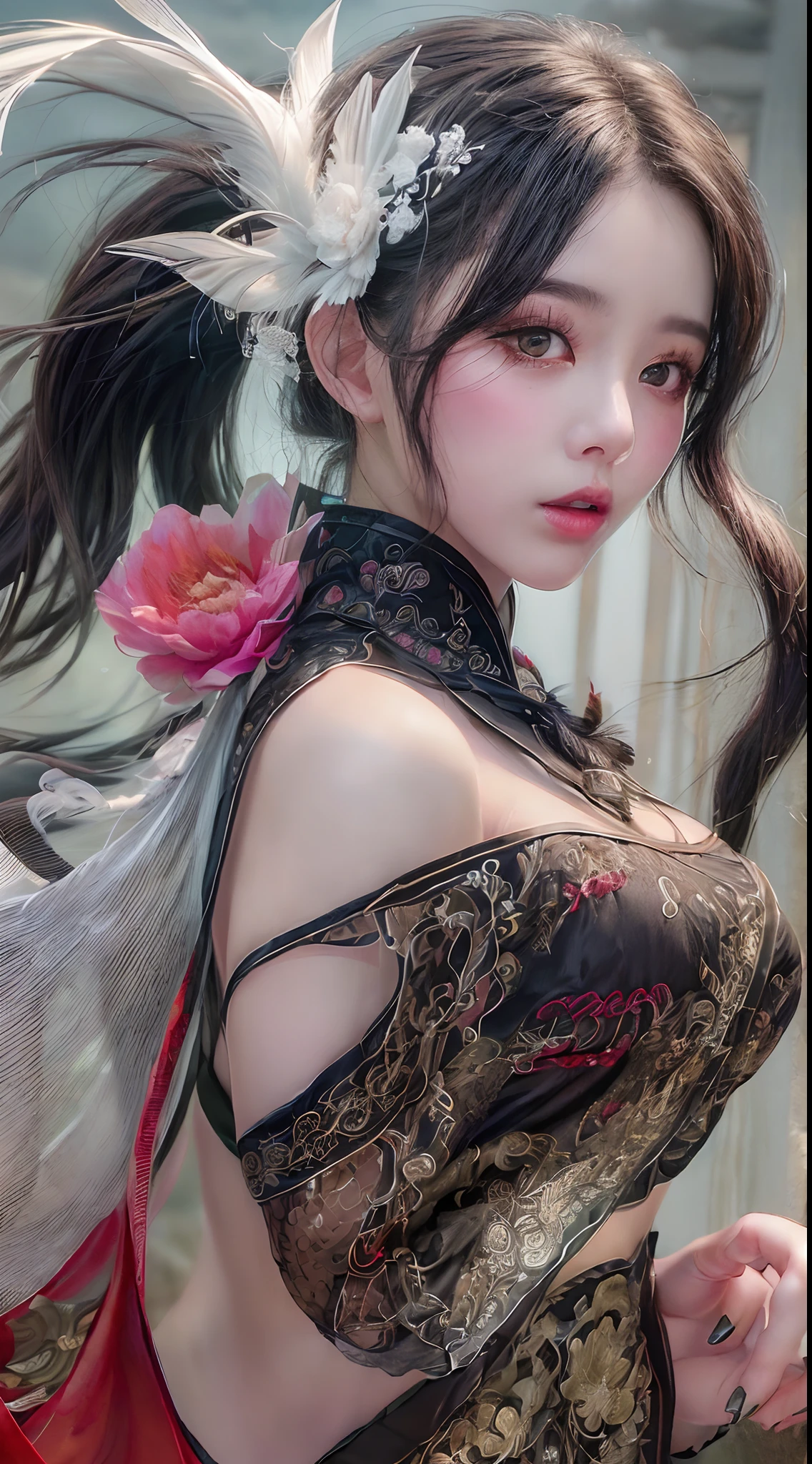 (Best quality,4K,A high resolution,Masterpiece:1.2), Ultra-detailed, Realistic, Black and white hanfu with black embroidery, Elegant white ponytail, long and flowing hair, White mask, A mask fluttering in the wind, Fringed Hair Ornament, Peony flower, Ancient style, oversized sleeves, Dynamic posing, Dramatic composition, Falling petals, red waistband, intricate background, Ancient architecture, A thin mist and thick clouds, Swirling clouds, Cinematic lighting, Complex feather background.