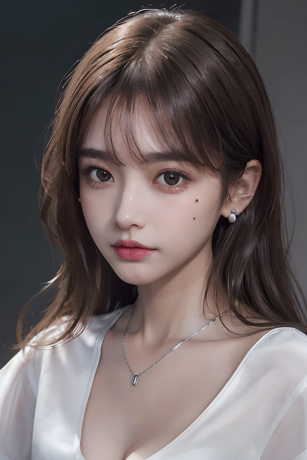 (8K:1,5),Light brown fringed hair mixed with silver、disheveled hair、Light brown eyes、(dignified expression)、(爆乳:1.5)、Emphasize the valley、(Photorealsitic)、(Shadow:1.2)、(The face of the golden ratio:1.2)、(intricate detailes:1.2)、(masterpiece、:1.3)、(top-quality:1.4)、(超A high resolution:1.2)、超A high resolution、(A detailed eye)、(Detailed ears)、(Detailed eyebrows)、(Detailed mouth)、(detailed facial features)、((Silver necklace))、Blurred neon night view background,(gals:1.2),(White shirt:1.3),((cleavage,Unbuttoned):1.2),(3 small moles under the eyes:1.2)