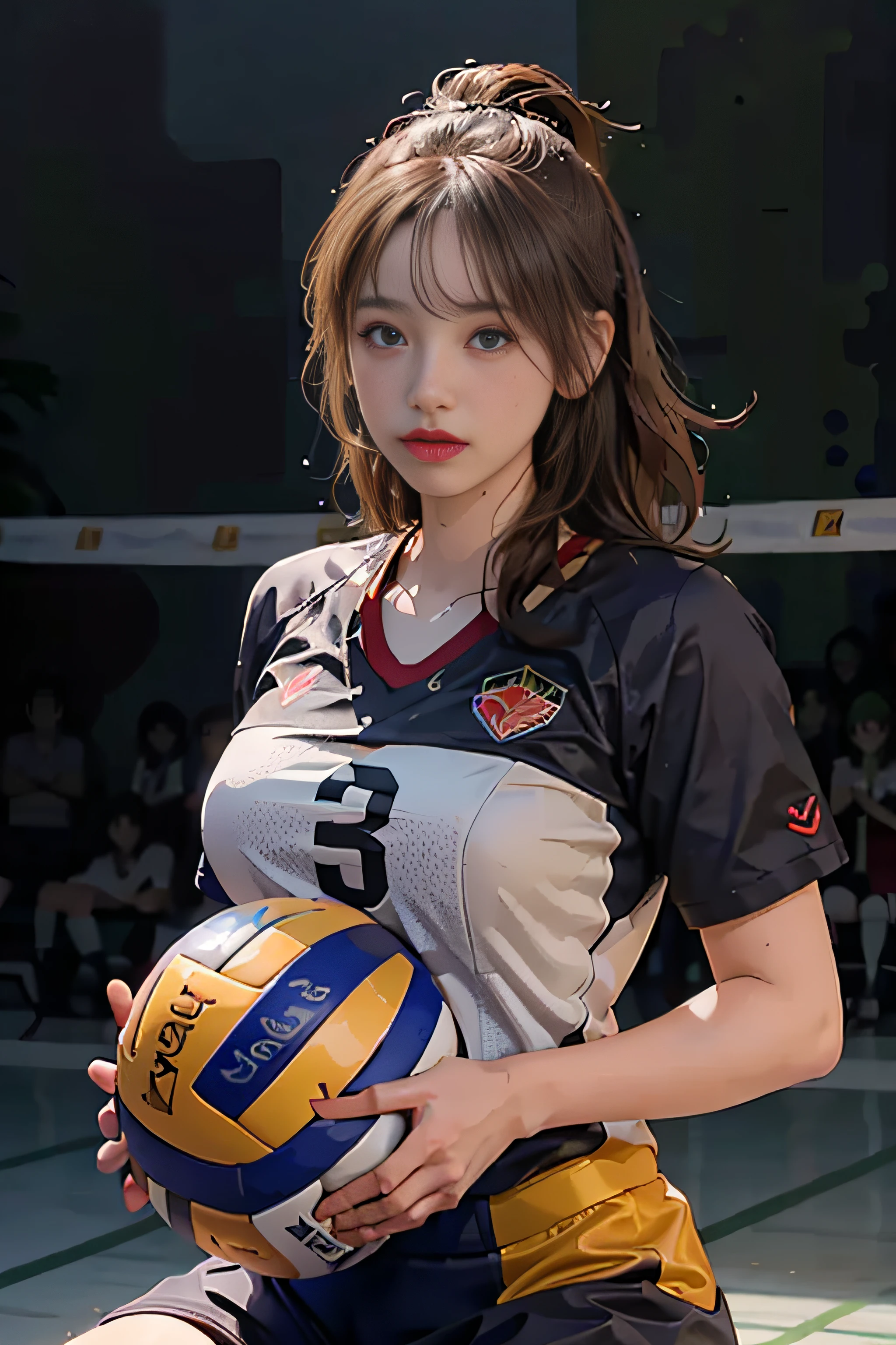 top-quality、masterpiece、超A high resolution、(Photorealsitic:1.4)、Raw photo、1girl in、glowy skin、(head phone:1.4)、((super realistic details))、portlate、globalillumination、Shadow、octan render、8K、ultrasharp、((delicate body shape))、Short-cut hair、(Red uniform of volleyball team:1.3)、((Colossal tits:1.4))、(skin tanned:1.4)、highly intricate detail、Realistic light、Metal shine、CGSoation Trends、(Blue eyes:1.4)、(radiant eyes)、Facing the camera、neon details、sitting on、Cyberpunk background、Small LED lamp、(Purple and green lighting from behind)、(Volleyball 1 time:1.4)、Volleyball court background、