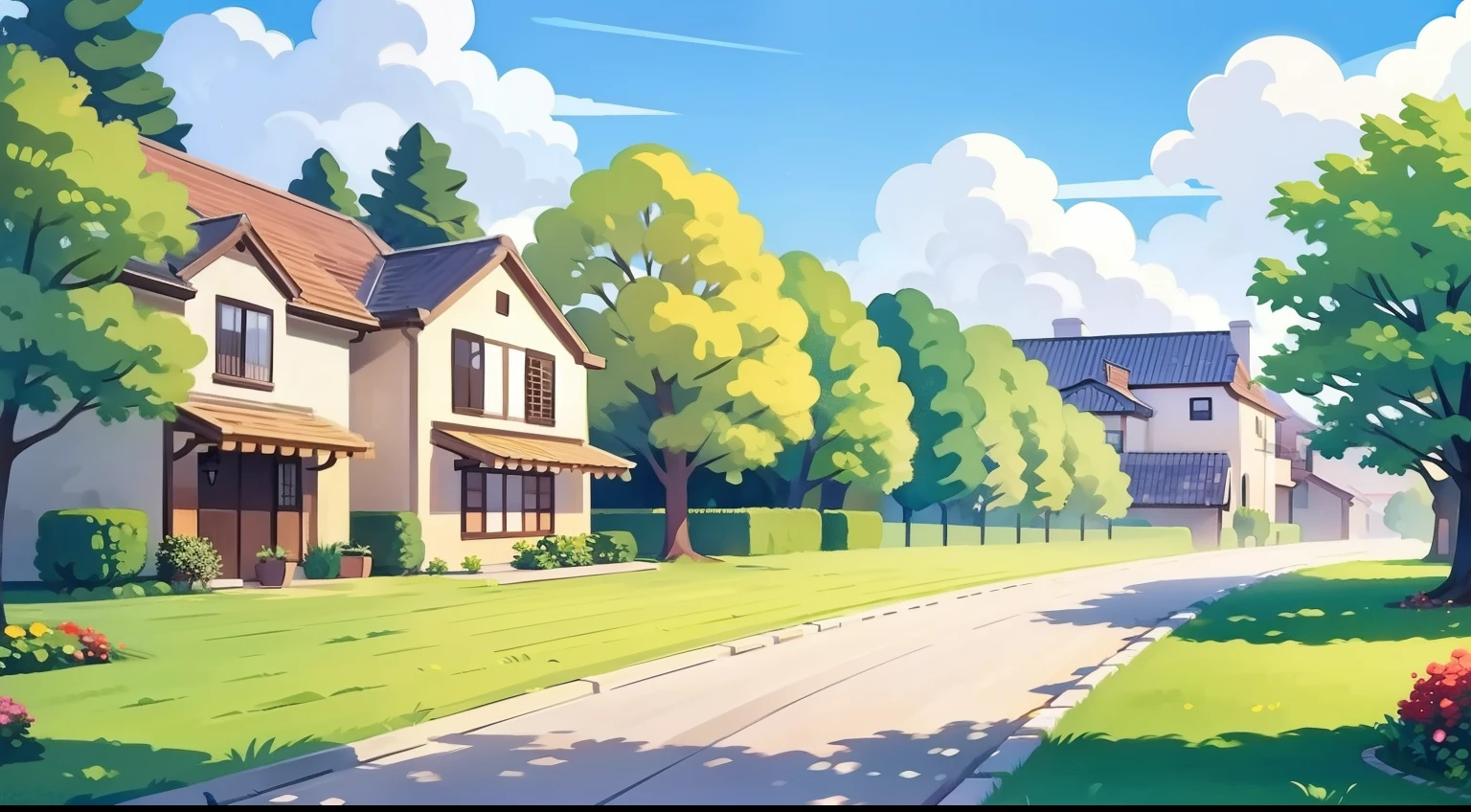 Landscape painting of a beautiful residential area、Natural Color、hightquality、masutepiece、lane