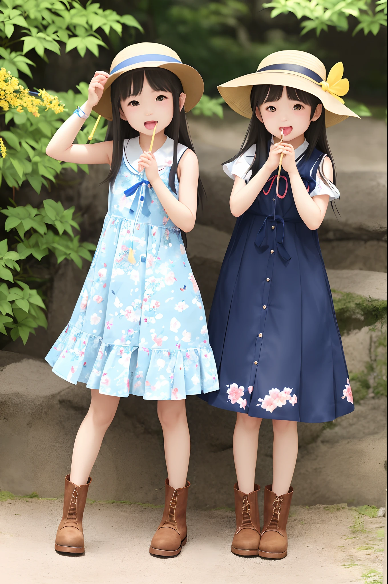 女の子1人、blue ribbons、florals、Hats、Windy, That's why I'm wearing a hat、Yawning face、Longer dress、length hair、brown haired、bow ribbon、Sleeveless、a straw fedora hat、Eye Up、yellow eyes、Urban Park、butterflys々is flying、kawaii pose、I'm wearing cute boots
