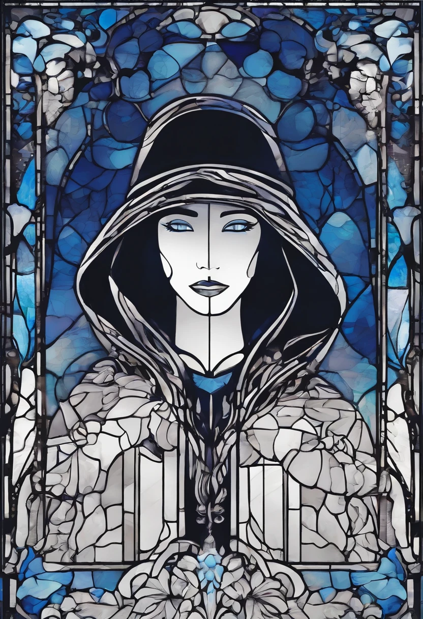 Rain. A mysterious silhouette shrouded in a dark blue cloak and hat. The face is hidden under a mask. (Do not draw human faces.)