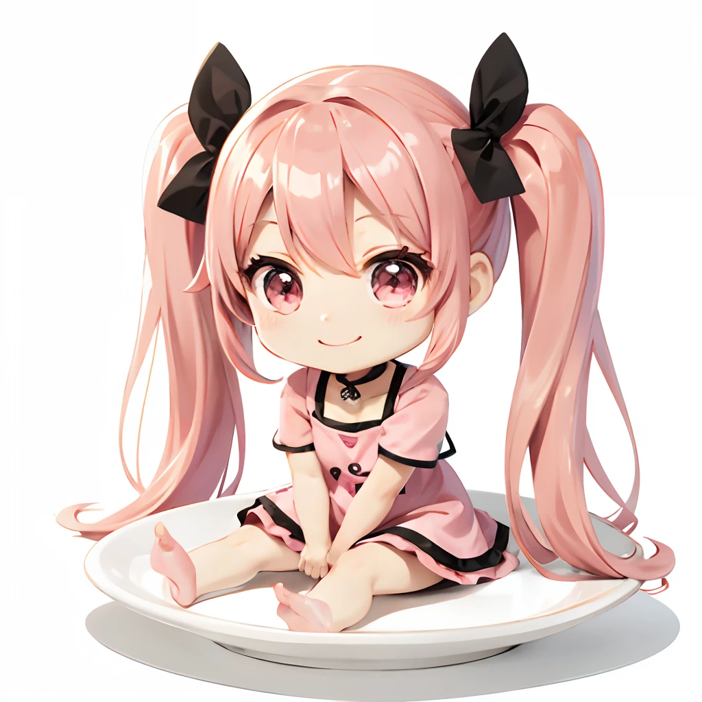 Cute chibi anime sitting on a plate, long pink hair with twin tails、Wear a hot pink mini dress, Smiling, Logo is cheap