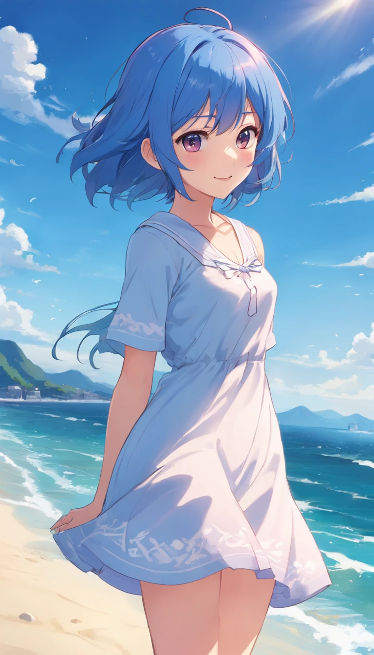 Blue hair color、glowing brown eyes、Longhaire、Smaller face、a small nose、big eye、small ears、tiny chest、pale pink cheeks、Girl in her 20s、A smile、sea the background of、A little grumpy face、Wearing a dress