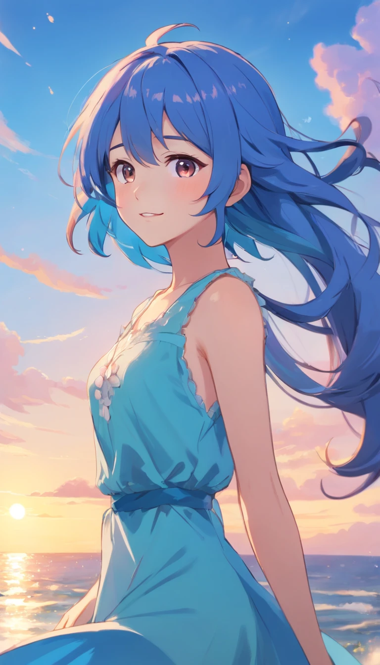 Blue hair color、glowing brown eyes、Longhaire、Smaller face、a small nose、big eye、small ears、tiny chest、pale pink cheeks、Girl in her 20s、A smile、sea the background of、A little grumpy face、Wearing a dress