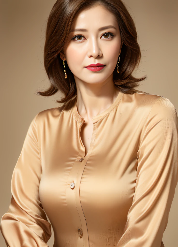 masterpiece,best quality, (1 milf), ((portrait:1.5)), ((looking at the viewer)), makeup, elegant beige shirt, touch own chest, ((seduction expression)),