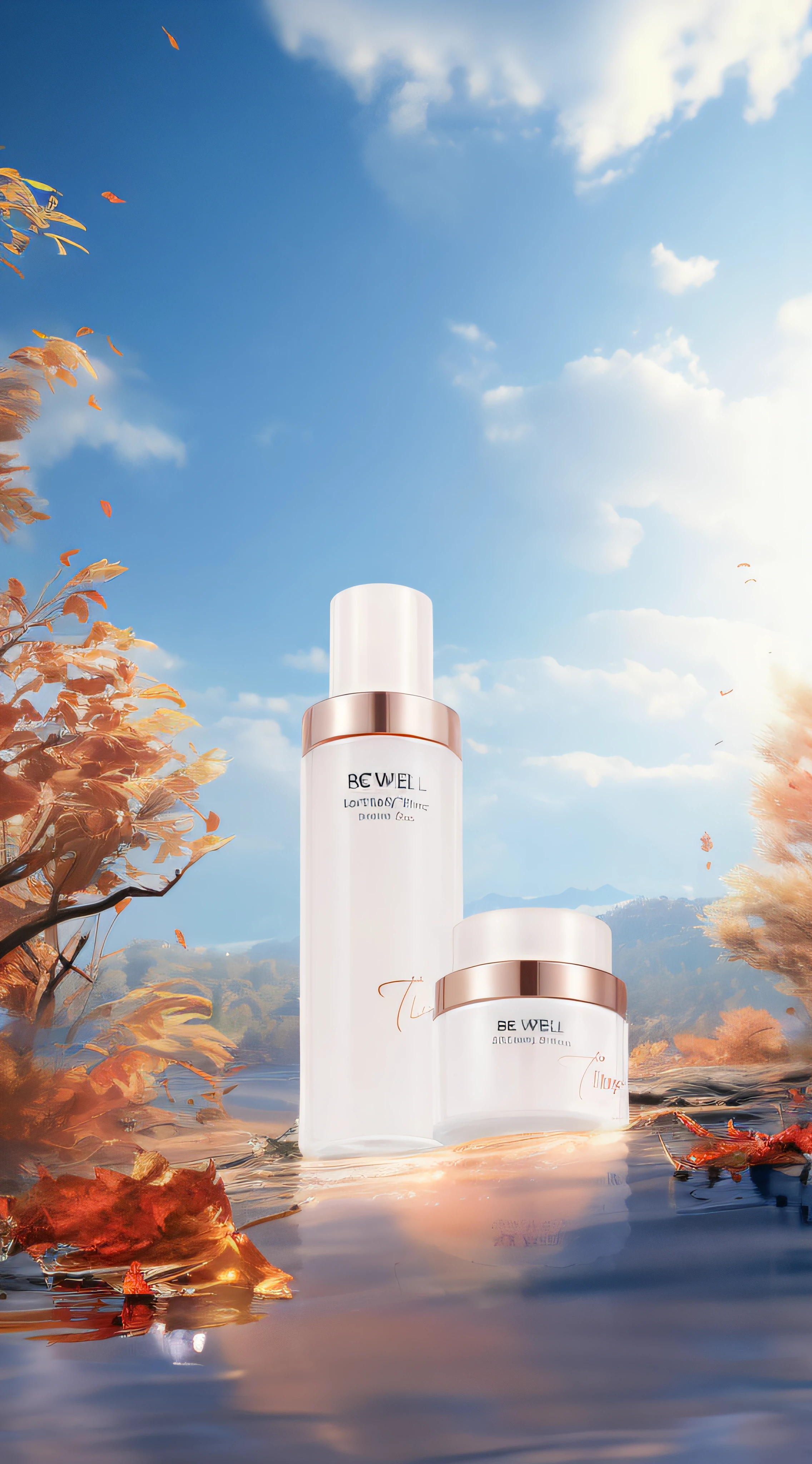 Two bottles of white cream were placed on the table, su fu, Full body view, Product photo, photoshoot for skincare brand, glistning skin, author：Yao Tingmei, fall, Skincare, author：Rhea Cami, full bodyesbian, diffused natural skin glow, Autumn, by Ni Yuanlu, author：Xu Xi, by Yang J, full - view