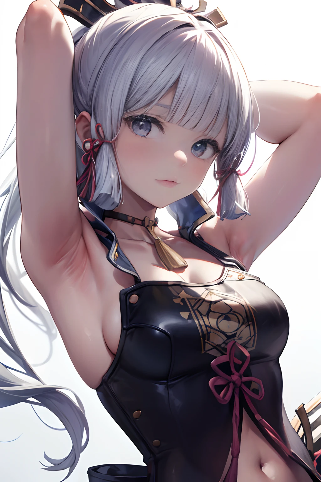 (((Masterpiece))), (portrait), Ayaka, diffused light, dynamic shadows, sharp focus, realistic, detailed, highres, absurdres, anatomically correct, seductive face, white background, underboobs, armpits, looking to the side, black choker, belly button, medium breast