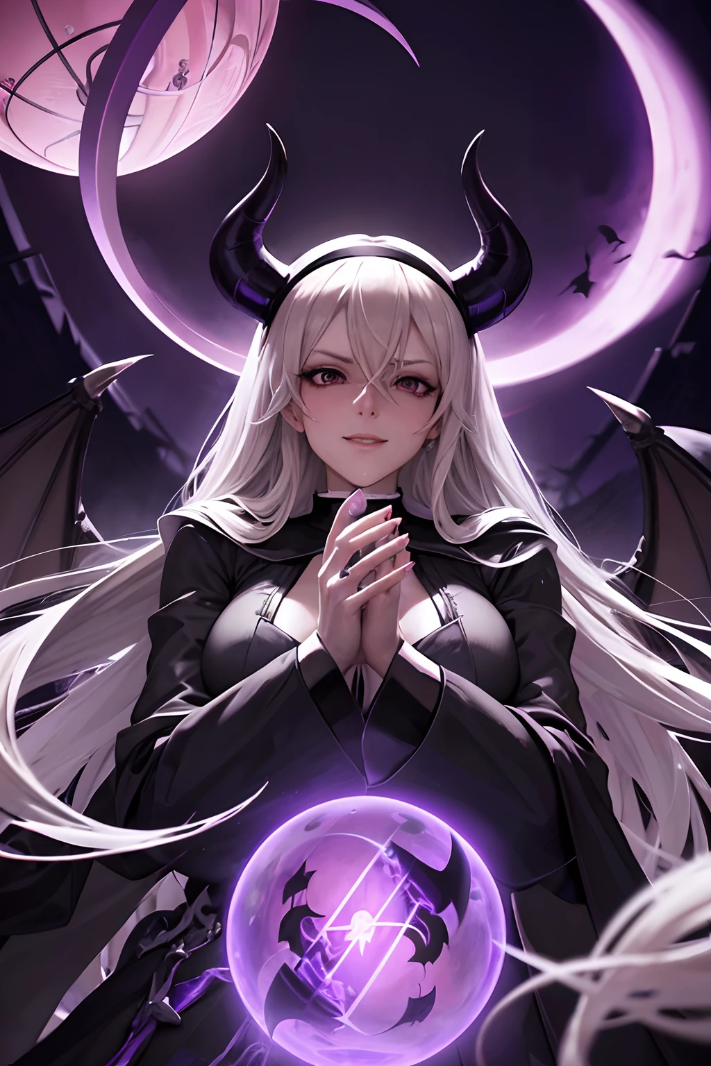 Stormy Daniels : The evil nun, Demon horn, Demon wings on the head , sexy robe de nonne, His hands preparing a sphere of purple energy, diabolique, insidieux, His powerful magic hits the buildings of a city , Context of the Satanic Church, detailled eyes, detailed hands