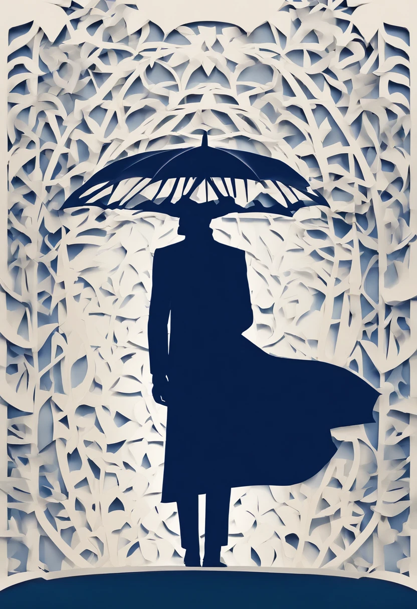 Rain. A mysterious silhouette shrouded in a dark blue cloak and hat. The face is hidden under a mask. (Do not draw human faces.)