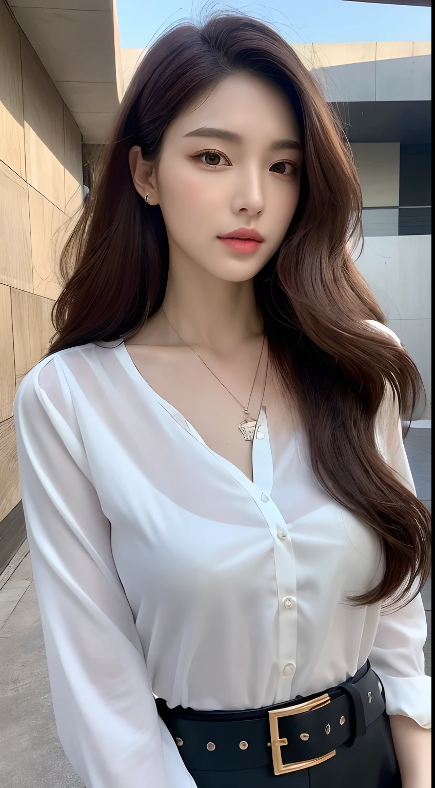 (Best quality, High resolution, Masterpiece :1.3), A tall and pretty woman, Slender abs, Dark brown hair styled in loose waves, Breasts, Wearing pendant, White button up shirt, Belt, Black skirt, (Modern architecture in background), Details exquisitely rendered in the face and skin texture, Detailed eyes, Double eyelid