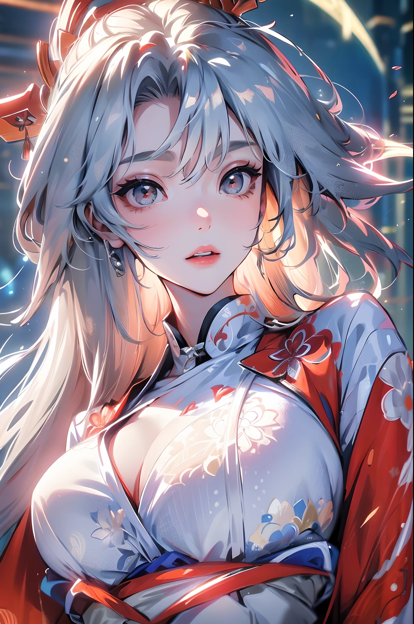 (Best Quality, 8k, 32k, Masterpiece, UHD:1.3), (Photo of Attractive Japanese Woman), ((1 Girl)), ((medium breast:1.3)), Abs, Perfect Body, Ultra Detailed Face, Detailed Lips, Fine Eyes, double eyelids, beautiful girl, jaw-dropping beauty, ((silver long hair:1.2)), ((intricate red miko suit:1.1)), ((close up to upper body)), smiling beautifully, sunlight illuminated her beautiful face,