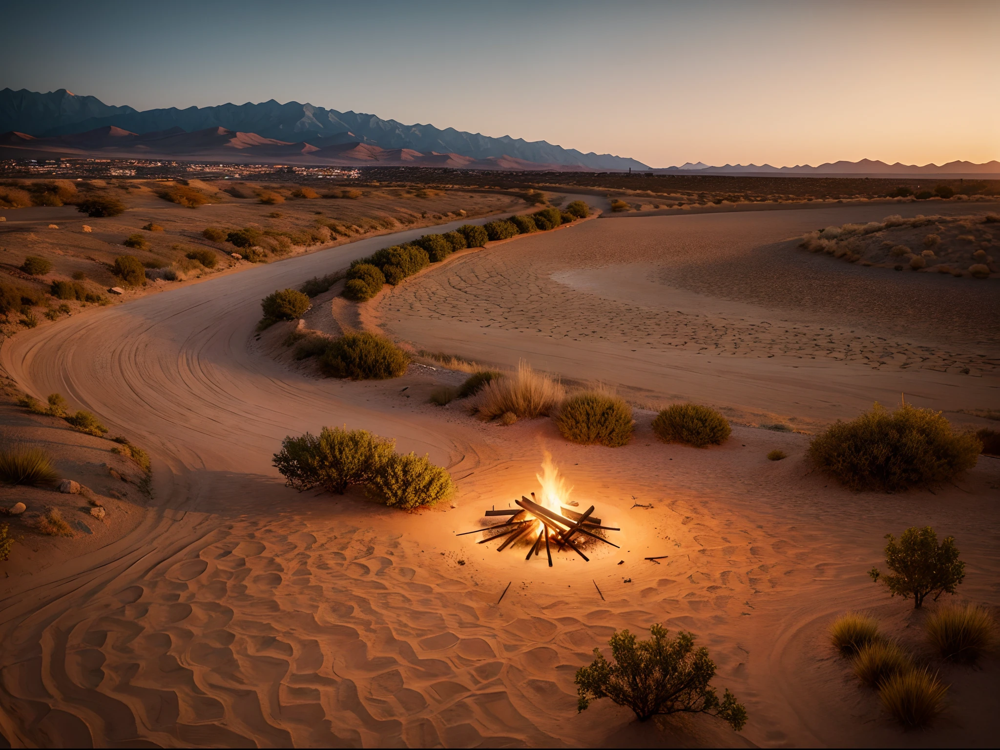 evening　bonfire　dry river bed　View from a slightly distant place from above　Illustration style