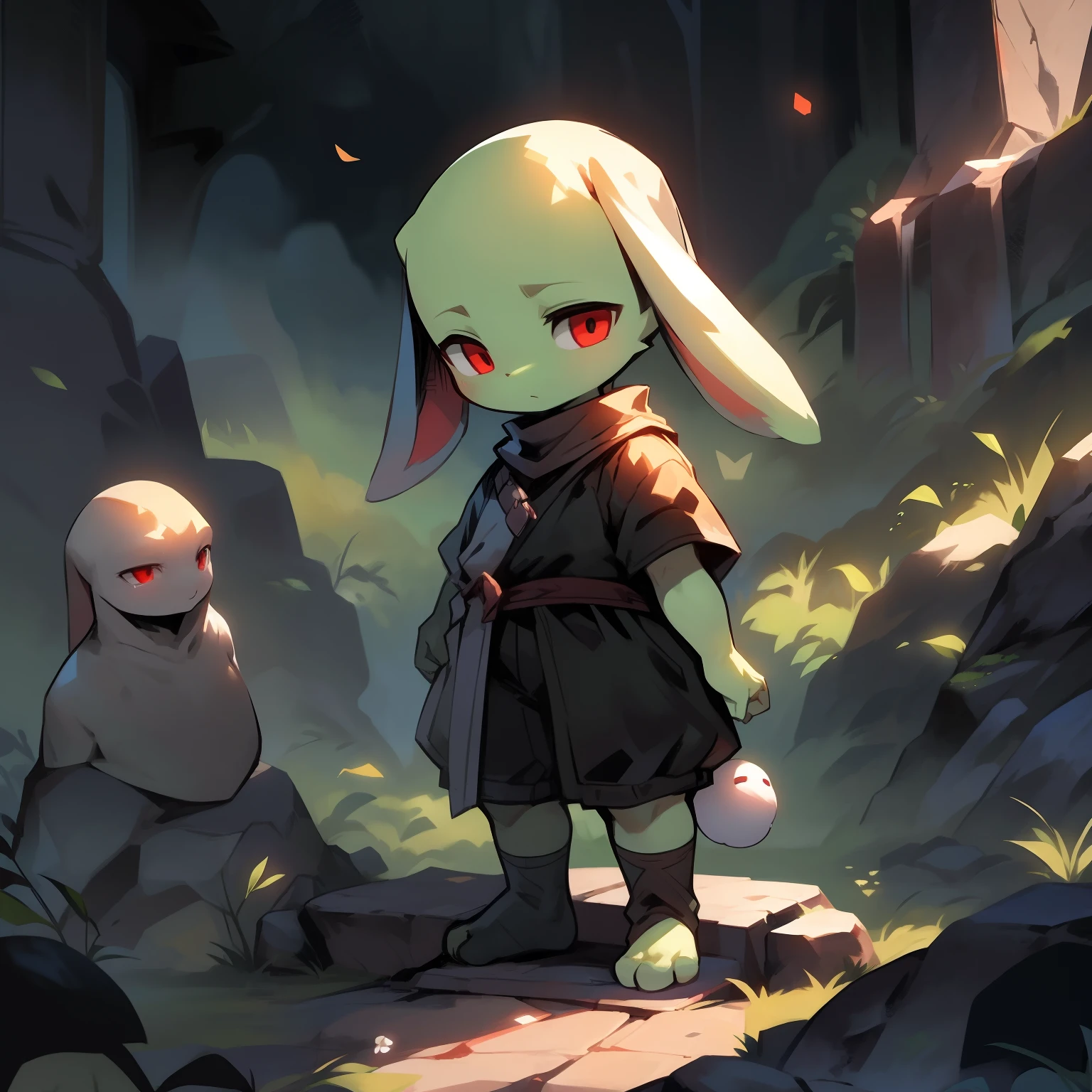 Best quality,Masterpiece,((byself)),Black top,Black shorts,Black socks,Stand on a stone slab,(Short stature),(bit girl),((The bald head has no ears,rabbit Facial Features,rabbit Body Features)),Erect ears,red eyes,(bunny tail),(White belly),(Pale green body hair,Light green legs),(Rabbit feet),alleys,