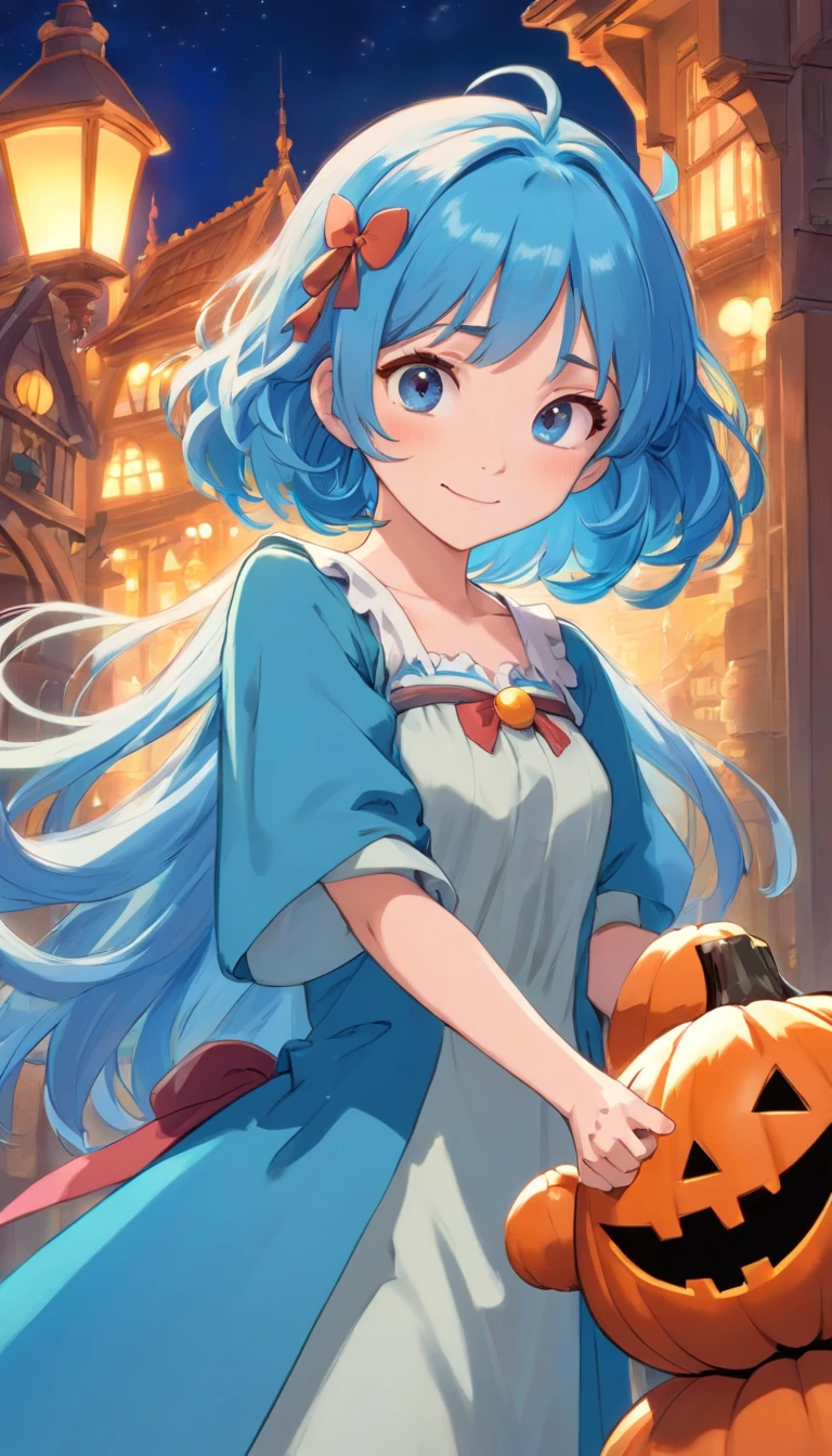 Blue hair color、glowing brown eyes、Longhaire、Smaller face、a small nose、big eye、small ears、tiny chest、pale pink cheeks、Girl in her 20s、A smile、Disneyland Background、A little grumpy face、Wearing a dress、Halloween