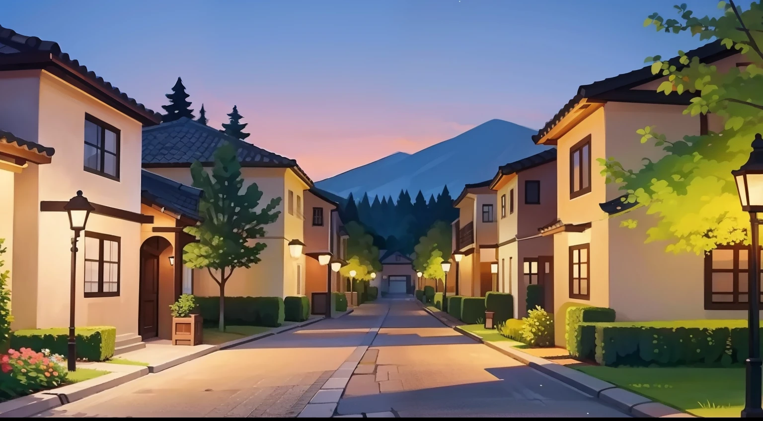 Landscape painting of a beautiful residential area、Natural Color、hightquality、masutepiece、Lots of houses、lane、street lamp