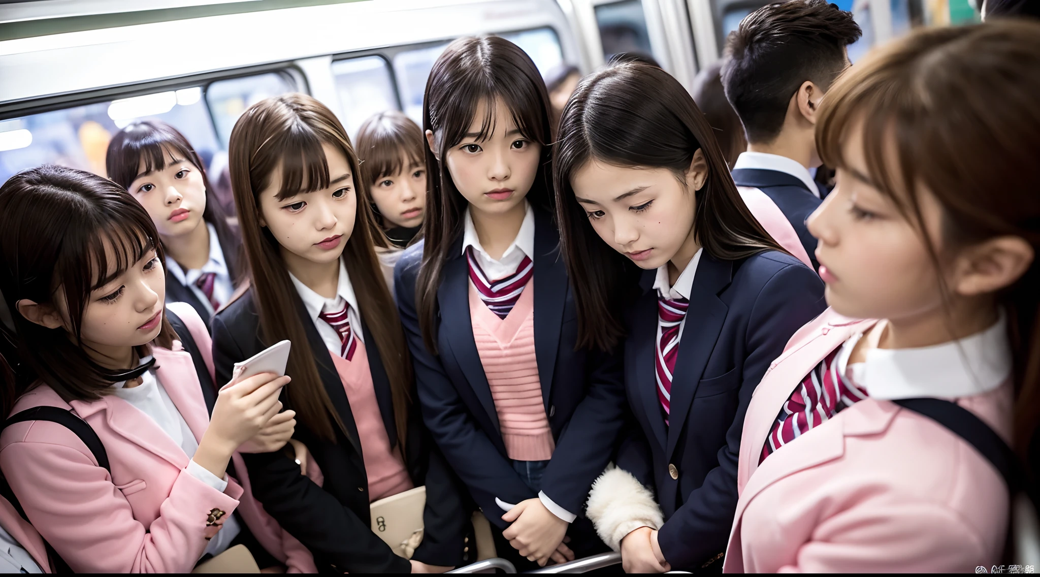 An ultra-high picture quality、realisitic、Crowded train only for high school girls without men　Japanese high school  girl　High school girls are densely packed　5,000 high school girls　Surrounded by many high school girls　Being looked down upon by many high school girls　5000 schoolgirls are wrestled　One is being attacked by a large group of high school girls　Thousands of schoolgirls,5,000 high school girls、Thousands of schoolgirls are watching us、ultra-detailliert、Realistic、Crowded train full of high school girls、Lots of schoolgirls in blazers and pink uniforms、full house、Tens of thousands of schoolgirls　Being looked down upon by everyone　5000 schoolgirls in black tights