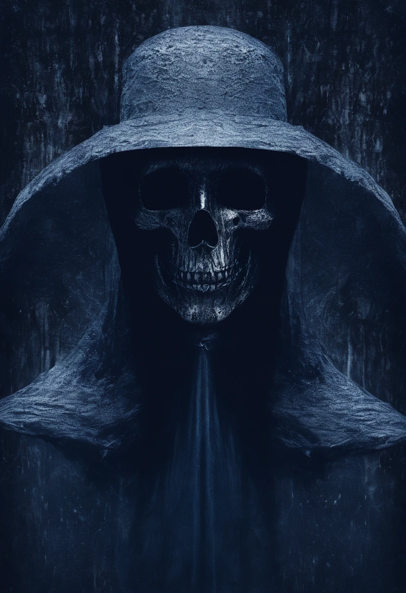 Rain. A mysterious silhouette shrouded in a dark blue cloak and hat. The face is hidden under a mask. (Do not draw human faces.)