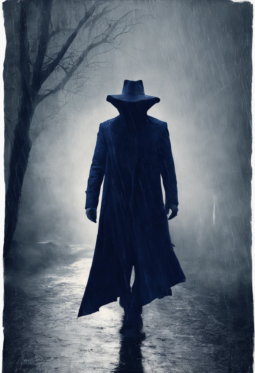 Rain. A mysterious silhouette shrouded in a dark blue cloak and hat. The face is hidden under a mask. (Do not draw human faces.)