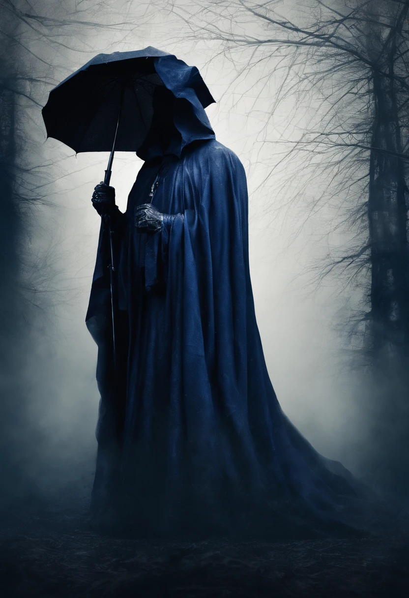 Rain. A mysterious silhouette shrouded in a dark blue cloak and hat. The face is hidden under a mask. (Do not draw human faces.)