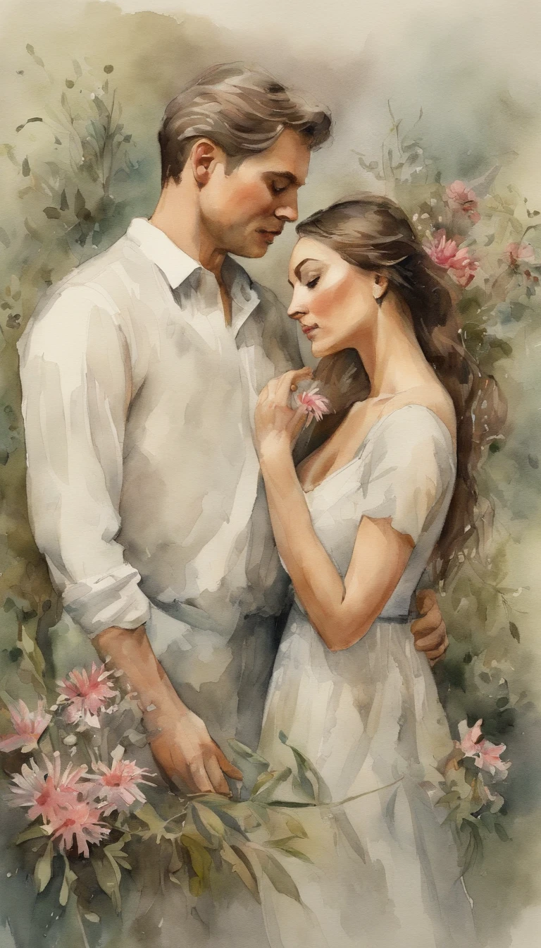 Beautiful, highly detailed, high resolution, 8k A guy presses his nose against hers,  she is hold a bunch of sage colored flowers