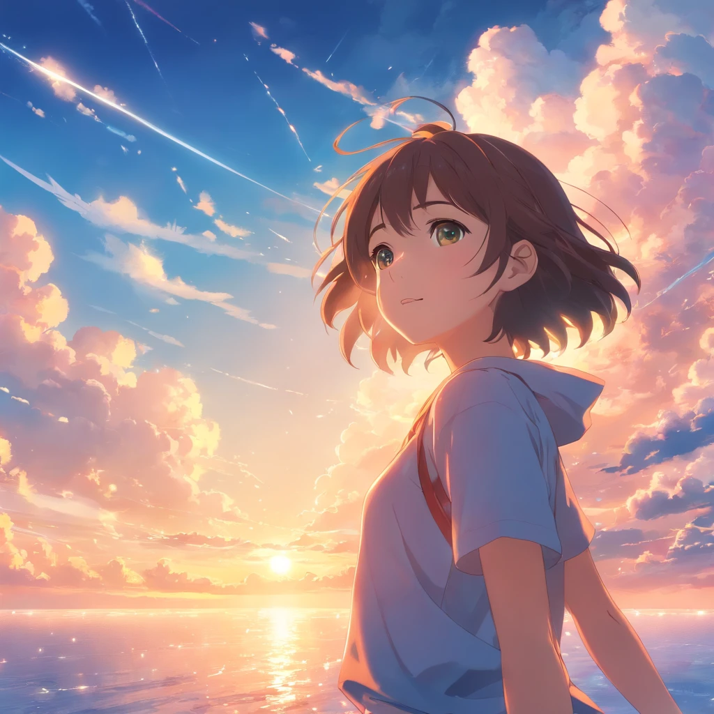 masterpiece, best quality, movie still, 1girl, cloud girl, floating in the sky, close-up, bright, happy, warm soft lighting, sunset, (sparks:0.7)