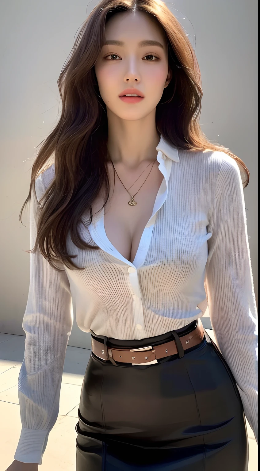 (Best quality, High resolution, Masterpiece :1.3), A tall and pretty woman, Slender abs, Dark brown hair styled in loose waves, Breasts, Wearing pendant, White button up shirt, Belt, Black skirt, (Modern architecture in background), Details exquisitely rendered in the face and skin texture, Detailed eyes, Double eyelid