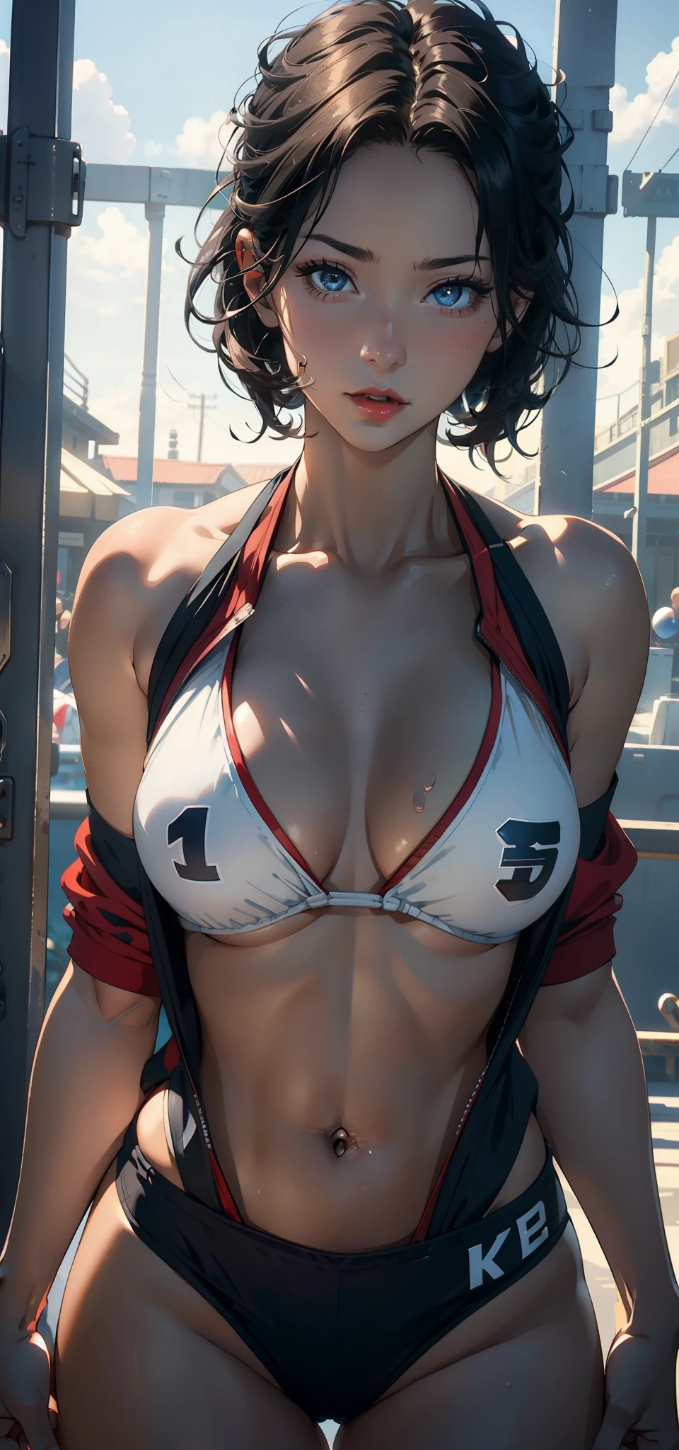 1female,35yo,A MILF,plumw,extremely large bosom, 独奏,(Background with:volleyball field), She has very short black hair,bobo head,Station,,seen from the front, hair straight, mostly cloudy sky,(((tmasterpiece),(Very detailed CG unity 8K wallpaper),best qualtiy,cinmatic lighting,detailed back ground,beatiful detailed eyes,Bright pupils,Blue eyes,(Very fine and beautiful),(Beautiful and detailed eye description),ultra - detailed,tmasterpiece,))Redlip,facing at camera,A high resolution,ultra - detailed),Camel toes,Desire for dissatisfaction,frontage,Volleyball player,(Wearing:Bikini tracksuit,Bare genitalia,Bare breasts,Bare)