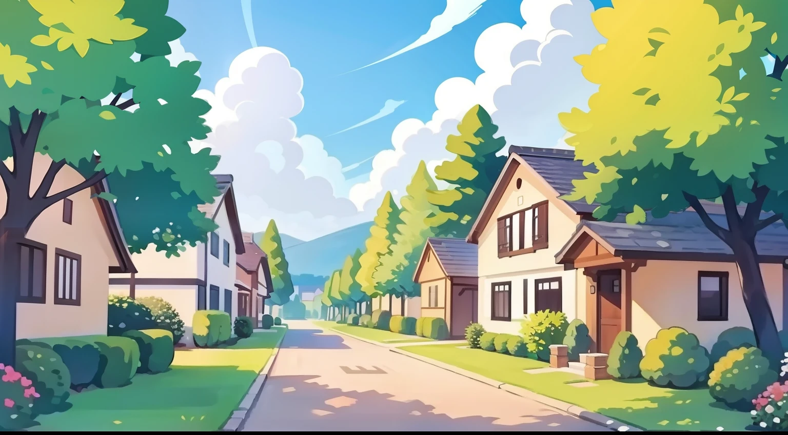 Landscape painting of a beautiful residential area、Natural Color、hightquality、masutepiece、Lots of houses、lane