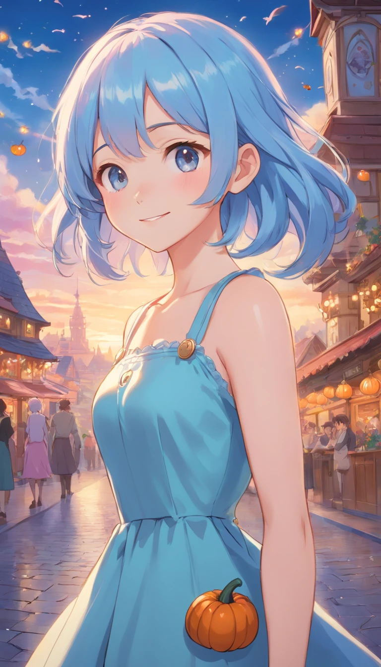 Light blue hair color、glowing brown eyes、Longhaire、Smaller face、a small nose、big eye、small ears、tiny chest、pale pink cheeks、Girl in her 20s、A smile、Disneyland Background、A little grumpy face、Wearing a dress、Halloween Cosplay