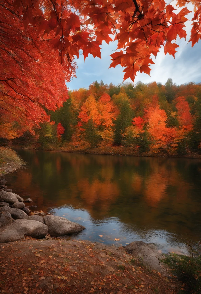 fall season，maple leaves，maple trees，eventide，riverbank，The sky is full of color，Orange-red sun，Big Mountain，Far Mountain，contours，Scenic beauty，（非常详细的 CG 统一 8k 壁纸），（The best quality），illustratio：1.0）、Epic composition、Realistic lighting、high definition detail、tmasterpiece、The best quality