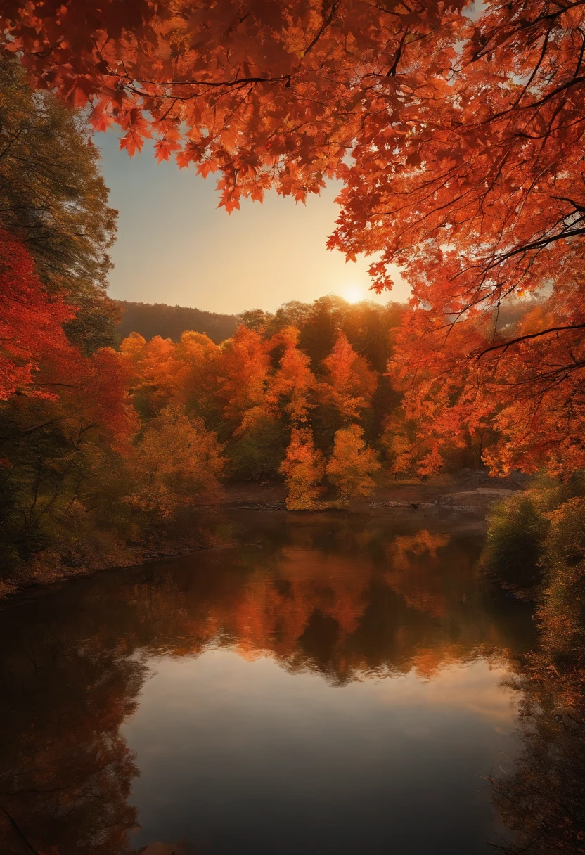 fall season，maple leaves，maple trees，eventide，riverbank，The sky is full of color，Orange-red sun，Big Mountain，Far Mountain，contours，Scenic beauty，（非常详细的 CG 统一 8k 壁纸），（The best quality），illustratio：1.0）、Epic composition、Realistic lighting、high definition detail、tmasterpiece、The best quality