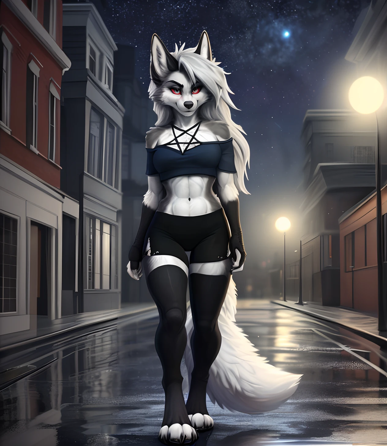 [loona], [Uploaded to e621.net; (Pixelsketcher), (foxovh), (fluffkevlar], ((masterpiece)), ((solo portrait)), ((full body)), ((front view)), ((feet visible)), ((furry; anthro fox)), ((detailed fur)), ((intricate details)), ((detailed shading)), ((beautiful render art)), {anthro; white fur, black nose, long grey hair, (beautiful white eyes with red pupils), (smug smirk), (angry), (head tilt), (curvy hips), (small boobs), (defined muscles), (beautiful legs), (beautiful paw feet), (black claws)}, {(grey off-shoulder top), (pentagram on chest), (spandex torn black yoga shorts), (fingerless gloves), (midriff), (black thigh highs), (black toeless socks)}, {(walking), (looking ahead)}, [background; (street), (rain), (reflective puddle), (full moon), (starry sky)]