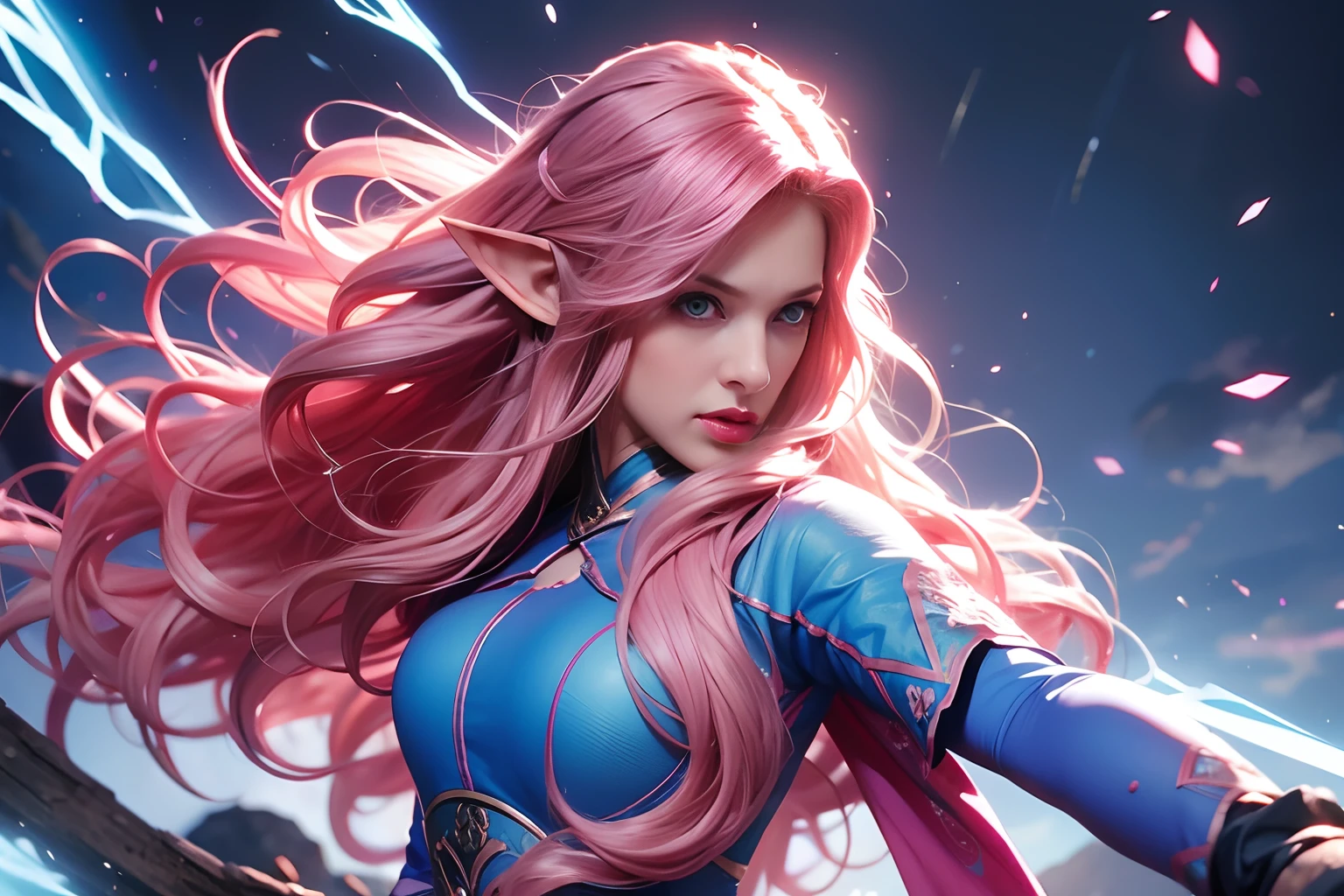 a woman, long curly hair, pink hair, blue eyes, elf, combat stance, fight, magic, Combat