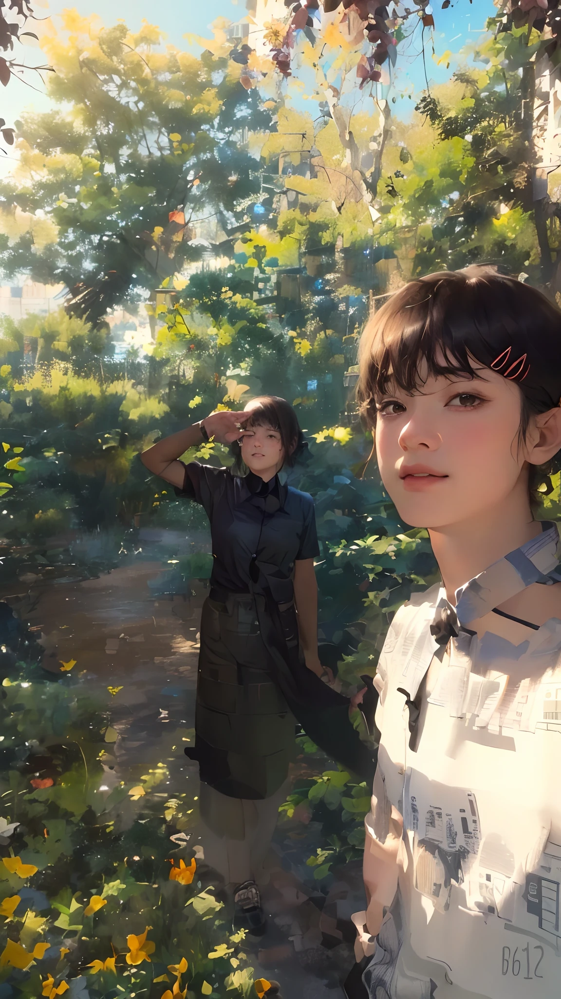 masterpiece, best quality, ultra-detailed, illustration, epic lighting, cinematic composition, isometric, 1girl, solo, cute, brown eyes, black hair, swept bangs, single sidelock, red hairclip, white collared shirt, black necktie, black pants, formal, enchanting gaze, captivating pose, indoors, office, door, opening door, looking at viewer, peeking out upper body, blush, seductive smile, closed mouth,(8k:1.1),