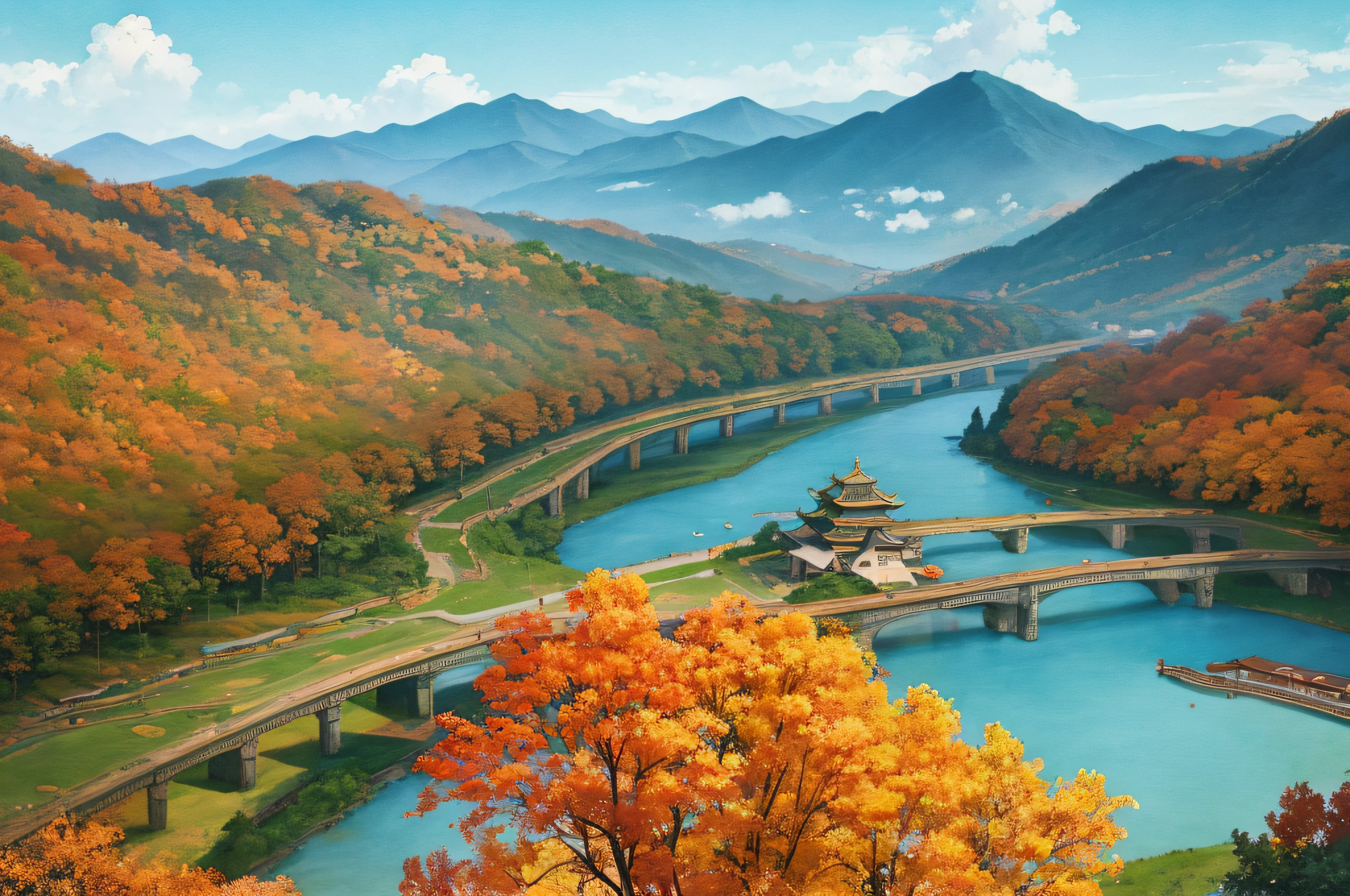 autumnal、Colored leaves、watercolor paiting、An ancient Chinese painting、ancient china background、mont、a river、auspicious clouds、masterpiece、super detailing、Magnificent composition、hightquality、ighly detailed、8k、wall-paper、