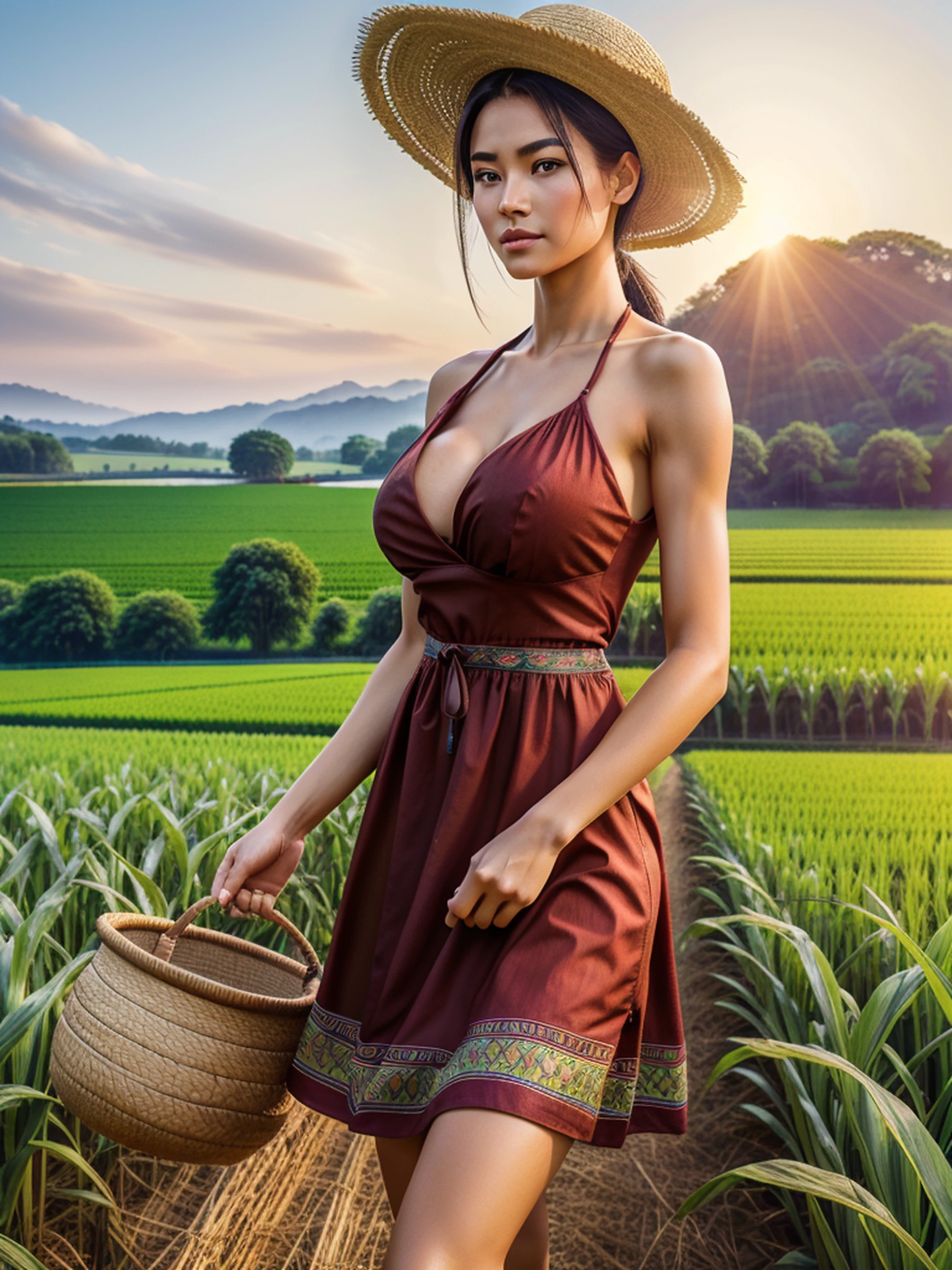 (best quality,4k,8k,highres,masterpiece:1.2),ultra-detailed,(realistic,photorealistic,photo-realistic:1.37),1girl,(18years old),Excella_re5,irene1,beautiful detailed brown eyes,beautiful detailed lips,extremely detailed eyes and face,long eyelashes,(192cm tall),gorgeous female figure,toned and sculpted physique,fit and slender body,well-defined muscles and curves,flawless skin,tall and graceful posture,radiating confidence and elegance,perfect proportions,enviable hourglass shape,impeccable body symmetry,healthy and vibrant appearance,beautiful long legs,raven-black hair,cleavage breasts,((wearing a sexy (red) short Batik dress)),(sharp focus),(portrait),full body,(ultra-detailed, highres, colorful),vibrant color,simple background,professional photography,girl plowing rice fields,traditional style,rice hat,farmland,green paddy fields,serene atmosphere,hardworking farmer,peaceful countryside,early morning sunlight,subtle shadowing,agricultural labor,energetic posture,bending her body,carefully tending the crops,reflects the harmony between people and nature,traditional farming methods,straw hat,traditional clothing,farm tool,delicate brushstrokes,authentic scenic beauty,lush landscape,meticulous attention to detail,lens flare,soft and warm color tones,fine artistry,captivating composition,tranquil rural scenery,fertile soil,in harmony with the natural surroundings,traditional agriculture,peaceful and serene ambiance,laborious task,graceful movement,dedicated work ethic,hard work and determination,traditional cultural practices,cultivating the land,agricultural traditions,grain crops,seasonal work,essential to the local community,depicts the beauty of rural life,and the significance of agriculture in society.